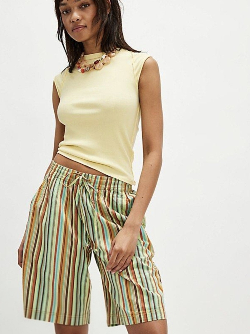 NWT Free People Sailor Poplin Striped Bermuda Shorts in Mint, Brown & Orange